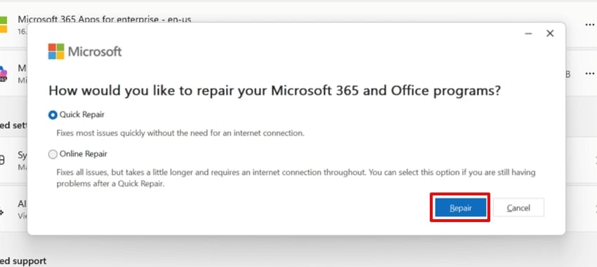 choose repair option